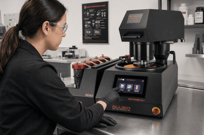 Technician operating Allied METPREP 3 metallography polishing system