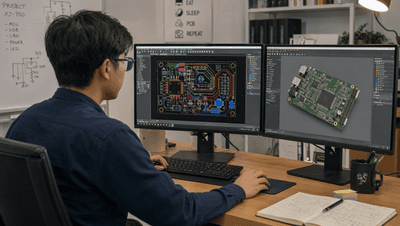 Engineer designing PCB layout on dual monitors