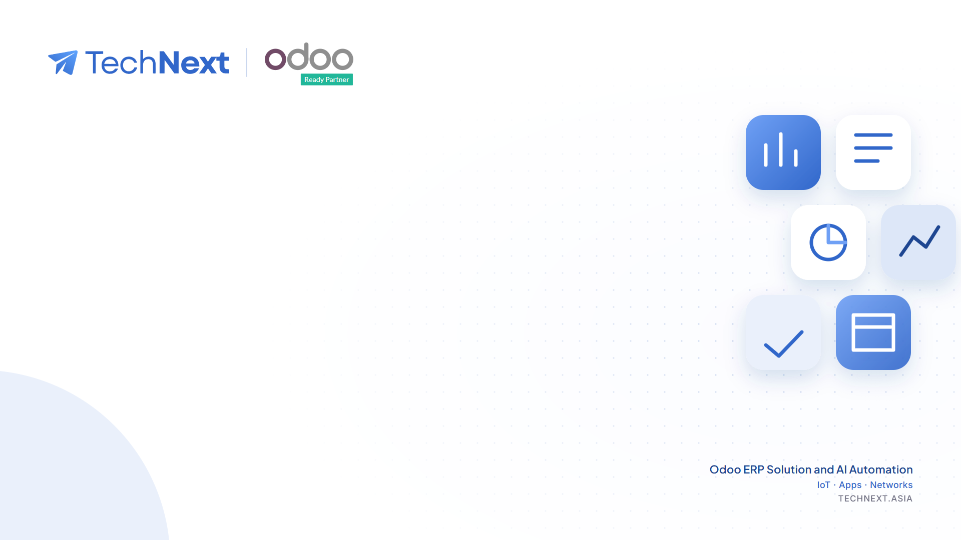White background, TechNext and Odoo logos, floating ERP app tiles