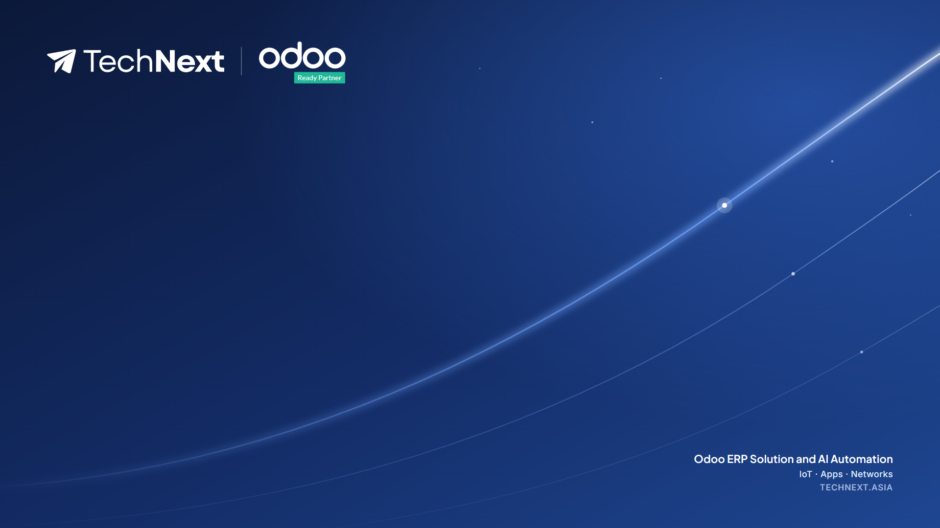 Navy background, TechNext and Odoo logos, glowing flight paths
