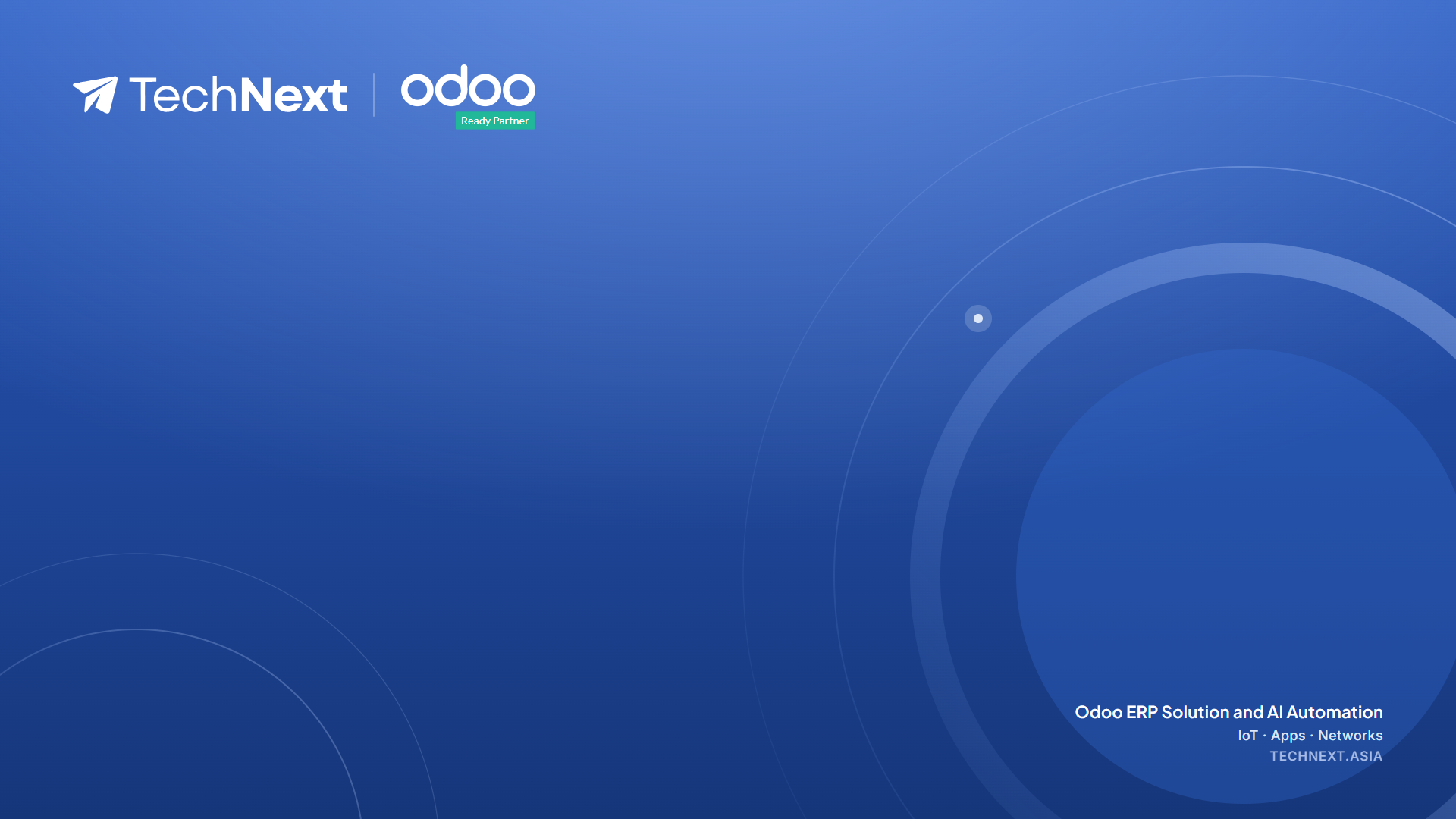 Brand-blue background, TechNext and Odoo logos, soft orbit rings